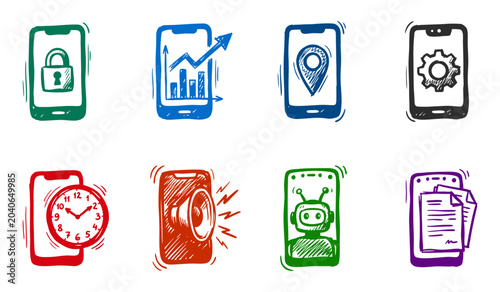Hand Drawn Mobile Phone and Support Vector Icon Logo Set. Sketch Smartphone App Icons Featuring Call Center Headset, SOS, Security Lock, Chat bot, Business Chart, Location Pin, Speaker.