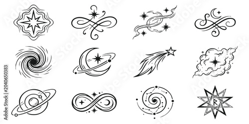 Foto Set of hand drawn celestial space icons including stars moon planets galaxy and