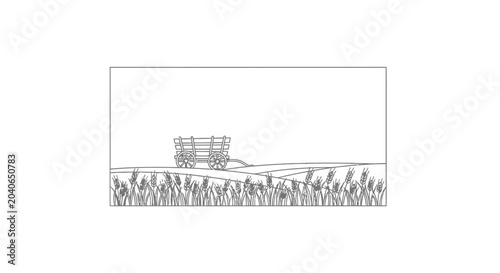Vintage wooden cart in a wheat field, rural landscape, harvest season, line art illustration