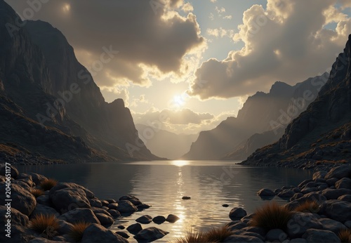 Sunset Over a Mountain Lake and Rocky Shores