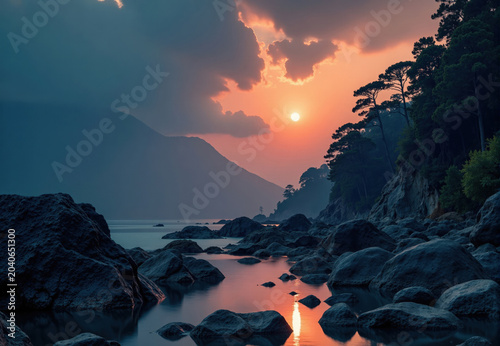 Coastal Sunset with Rocky Shoreline and Pine Trees
