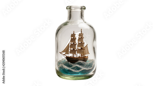 Foto Detailed wooden sailing ship model with brown sails surrounded by blue waves, is