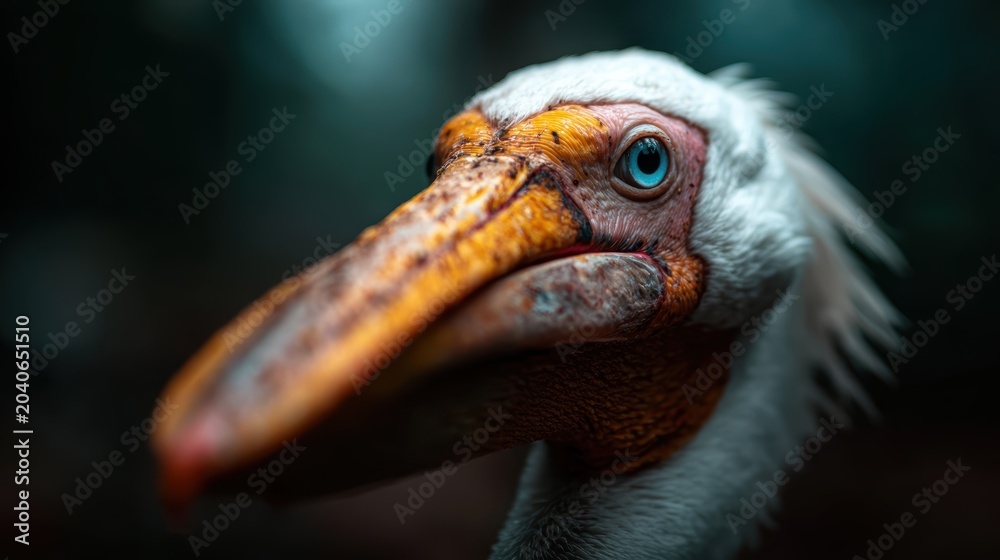 Fototapeta premium An intense close-up photograph of a bird with a vivid orange beak and deep blue eye, showcasing unique textures and colors, illustrating the beauty and diversity of wildlife.