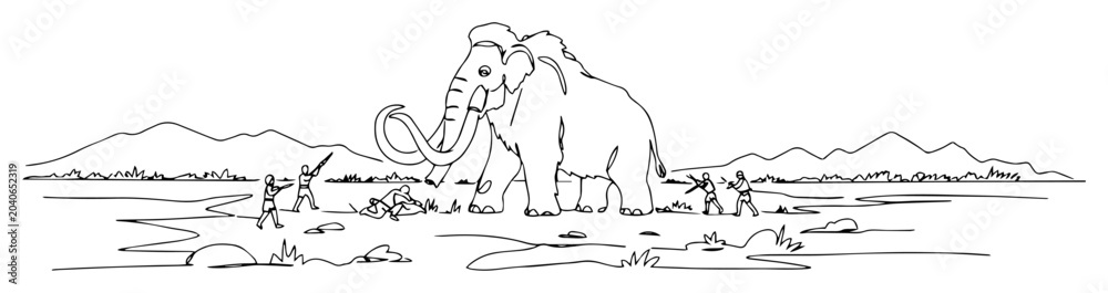 Fototapeta premium mammoth hunting scene graphic monoline illustration