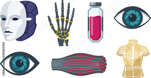 Photos Biomedical Technology and Futuristic Anatomy Illustration Set with Robotic Face,