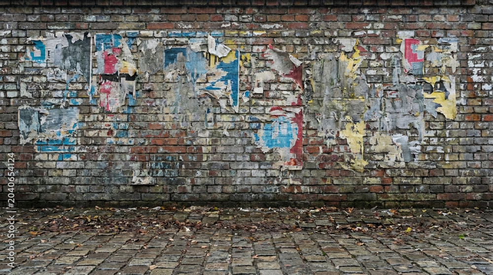 Naklejka premium Weathered brick wall with torn posters and fallen leaves on
