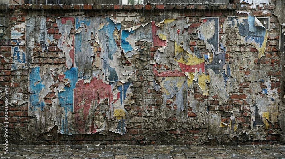 Naklejka premium old brick wall with peeling posters urban decay graffiti wall
