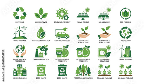 Green ecology vector icon set with sustainability renewable energy and environmental conservation symbols