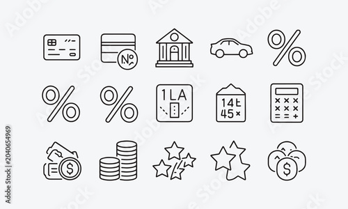 Loan and Credit web icons in line style. Credit card, deposit, car leasing, rate interest, calculator, income, rating, collection.