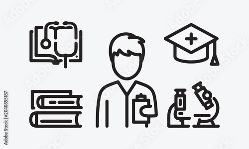 Medical Education web icon set in line style. Medicine, college, student, learning, book, collection