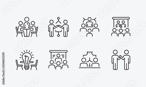 Meeting web icon set in line style. Conference, team, brainstorm, seminar, interview, collection