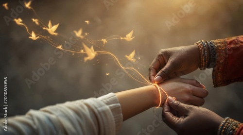 Relationship bond tied with thread, symbolizing connection and family, with doves flying