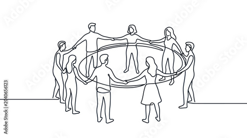 People Holding Hands Circle Line Art