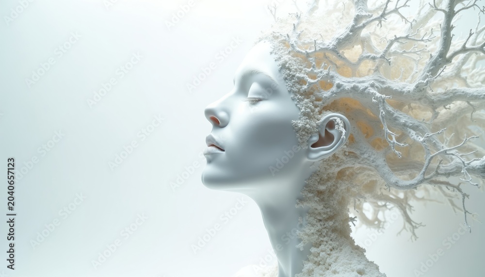 Fototapeta premium White abstract face sculpture with organic branching hair. Serene profile with closed eyes evokes calm. Nature inspired art fuses human form with botanical elements. Identity rebirth transformation.