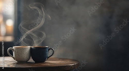 Two steaming coffee cups perched on a rustic wooden table with gentle steam rising