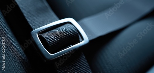 Close-up view of a black seatbelt buckle and strap. The textured nylon fabric is clearly visible against a dark background. This detail highlights vehicle safety and secure travel.