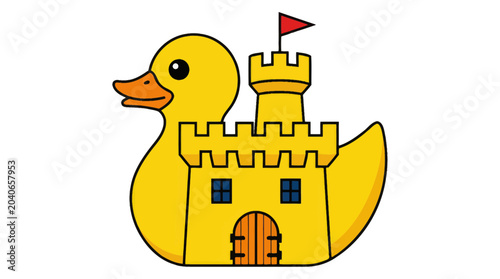 Photos Yellow rubber duck shaped like a castle with red flag on white background