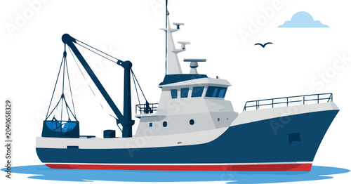 Schilderij op canvas Fishing boat equipped with crane lifting catch from the sea