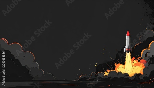 Rocket Launching into Dark Sky with Fiery Exhaust and Smoke.