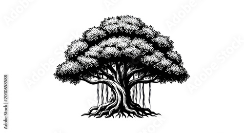 Tableau sur toile Banyan Tree Black and White Vector Illustration