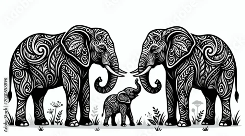 Fototapeta Ornate elephant family, tribal patterned mammals, black and white illustration, wildlife art