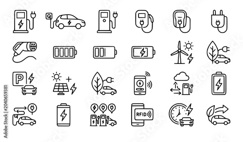 Photos EV charging station icon set vector linear electric mobility symbols