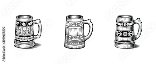 Bild auf Leinwand Three Hand-drawn Beer Mugs: A trio of intricately designed, vintage-style beer mugs with decorative patterns