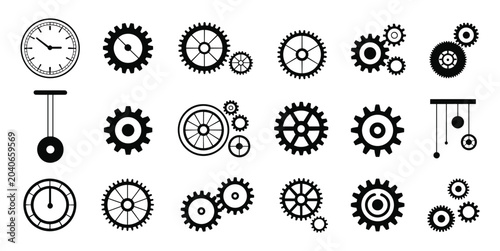 Gear Icons Set: A collection of various gear and clock icons. mechanical parts, industrial design, engineering concept, timekeeping symbol, precision engineering.