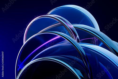 3D futuristic glass arcs with neon blue light