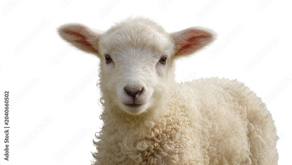 Fototapeta premium Fluffy white lamb with curly wool, isolated on transparent background