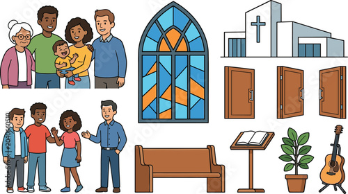 Foto Church community and religious worship vector illustration collection featuring