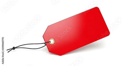 Bright red price tag attached with black string on white background
