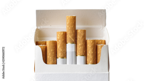 Tableau sur toile Open pack of cigarettes with golden brown tobacco and white filters, isolated on