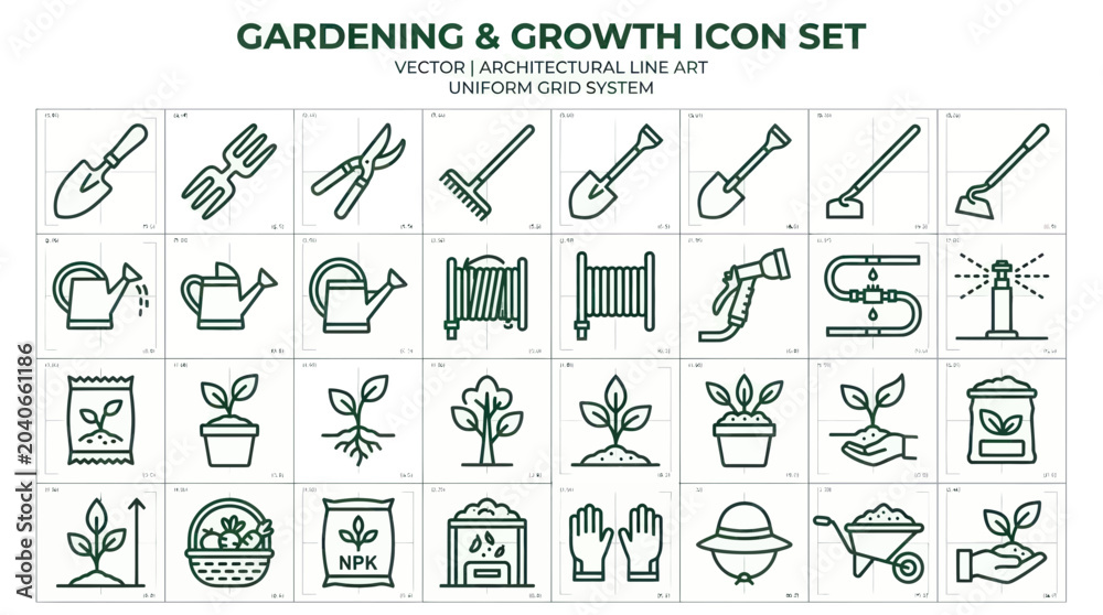 Fototapeta premium Gardening and Growth Icon Set: Tools, Plants, and Supplies