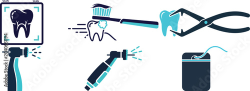 Foto Dental procedure and hygiene tools icons set for modern dentistry practices and patient education
