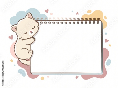 Whimsical spiral notebook mock up template decorated with a lovely cat character and hearts