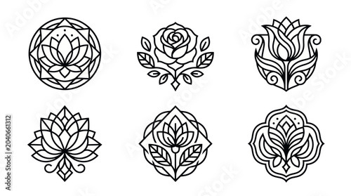 Set of six floral geometric logos, line art, lotus and rose designs