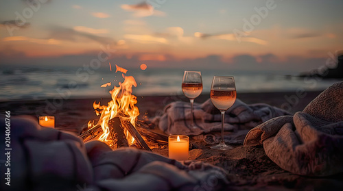 Beach picnic scene with a campfire, wine glasses, and blankets at sunset near the ocean shoreline