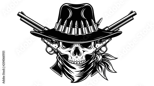 Photos Outlaw Skull with Cowboy Hat and Revolvers Vector Illustration