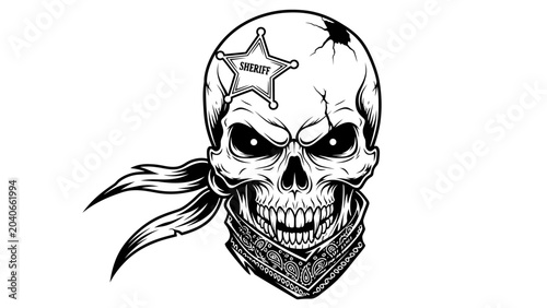 Εκτύπωση καμβά Outlaw Skull with Sheriff Badge and Bandana Illustration