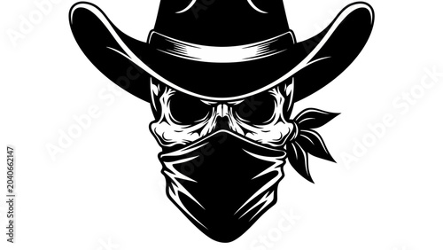 Foto Black and White Cowboy Skull with Bandana Illustration