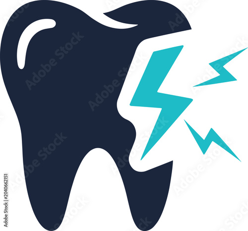 Foto Toothache icon showing molar tooth damaged by lightning bolt flash representing acute pain and dental decay
