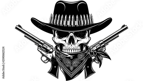 Εκτύπωση καμβά Outlaw Cowboy Skull with Revolvers and Bandana