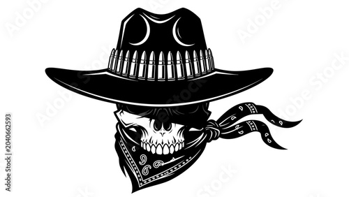 Quadro su tela Outlaw Cowboy Skull with Bullet Hat and Bandana Illustration