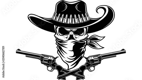 Schilderij op canvas Outlaw Cowboy Skull with Crossed Revolvers Vector Illustration