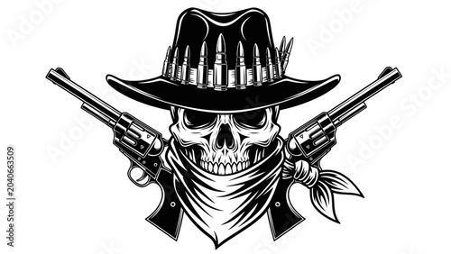 Cuadro en lienzo Skull Cowboy with Revolvers and Bullet Hat Illustration