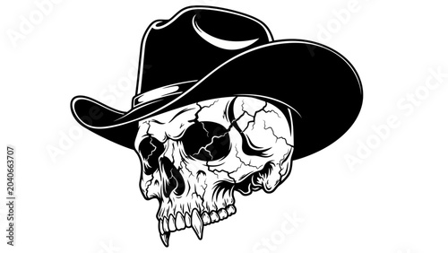 Schilderij op canvas Black and White Cowboy Skull Illustration