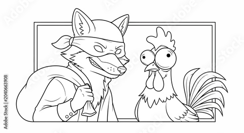 Sneaky Fox Bandit with Bag Meets Scared Rooster, Outline Illustration
