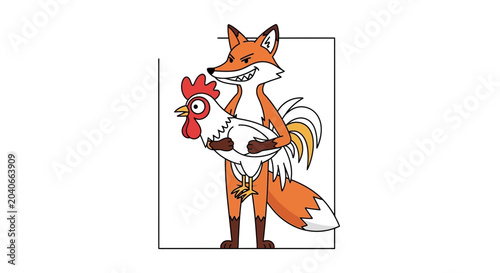 Sly Fox Stealing a Chicken - Cartoon Illustration