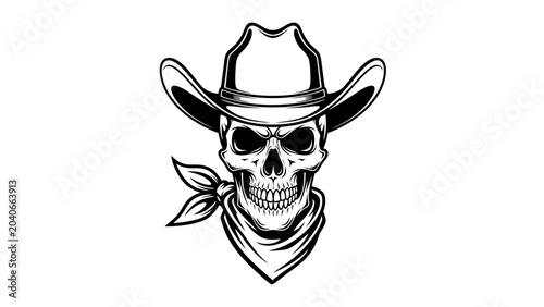 Fotografija Black and White Cowboy Skull Illustration with Bandana